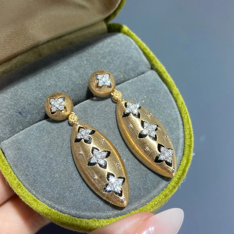 Aazuo 18K 파인 주얼리 솔리드 옐로우 골드 리얼 다이아몬드, 0.4ct 럭셔리 빅 롱 스터드 귀걸이, 여성 약혼 디너 파티 선물