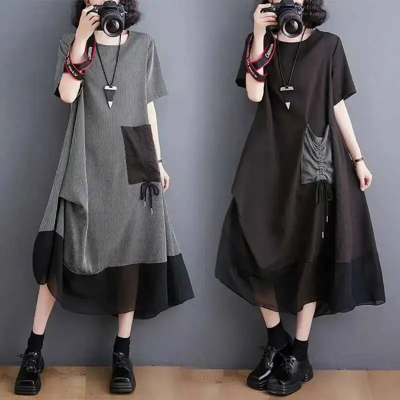#3336 Black Green Grey Striped T Shirt Dress Women Pockets Loose Folds Spliced Mesh Asymmetrical Midi Dress Short Sleeve Summer