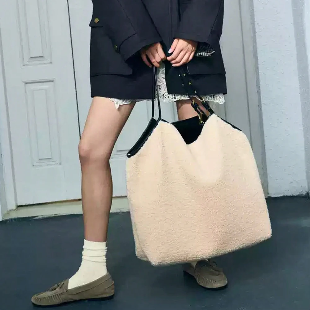 موضة امبسوول حمل المرأة حقيبة سعة كبيرة حقيبة كتف الفراء على الوجهين مصمم حقائب للنساء حقيبة يد أفخم المتسوق المحفظة