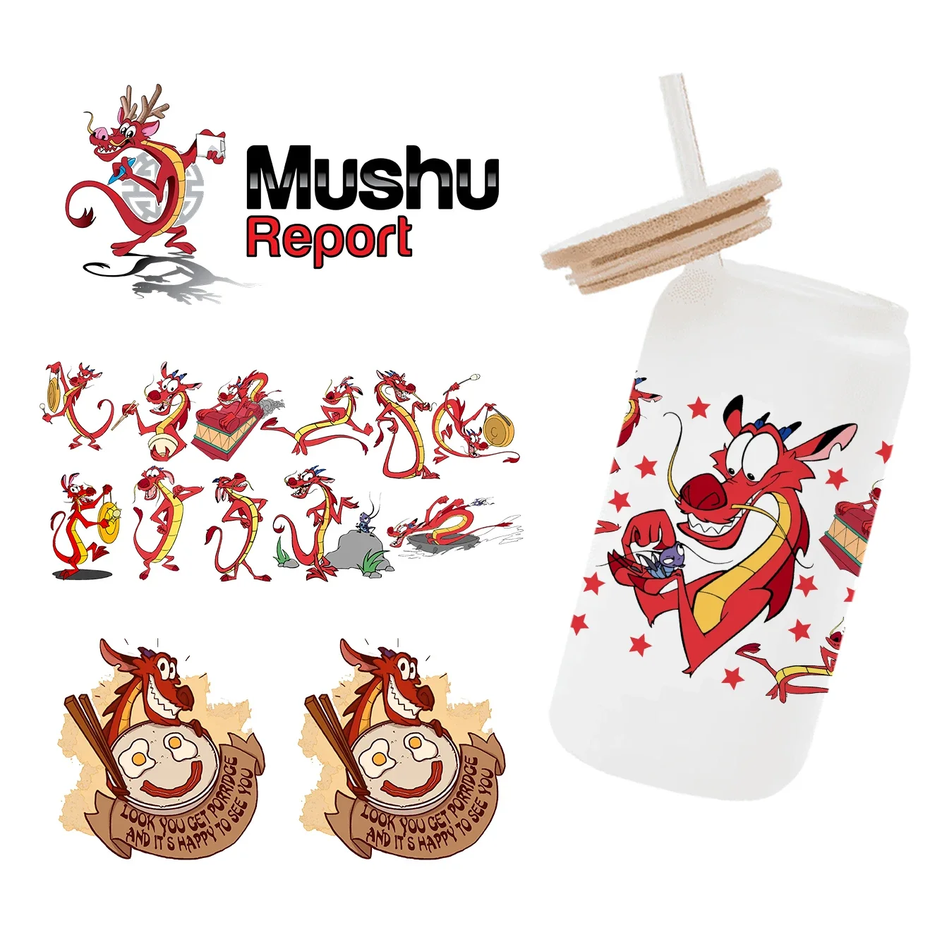 Mushu Mulan 11*24cm Disney UV DTF Wrap Sticker DIY For 16oz Permanent Adhesive Waterproof Adhesive Label Coffee Cup Sticker