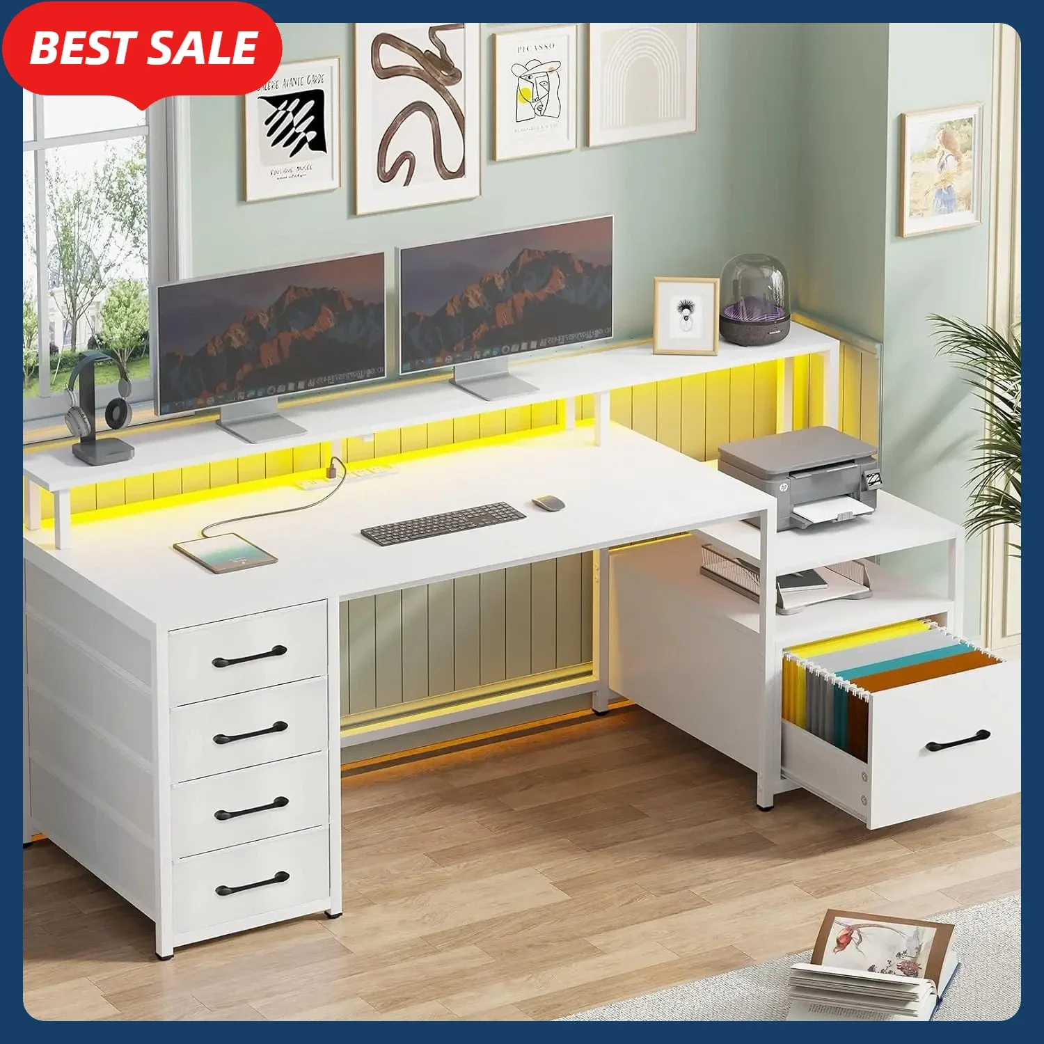 مكتب كمبيوتر أبيض مقاس 66 بوصة مع 5 أرفف تخزين لدرج الملفات وخزانة الطابعة #2