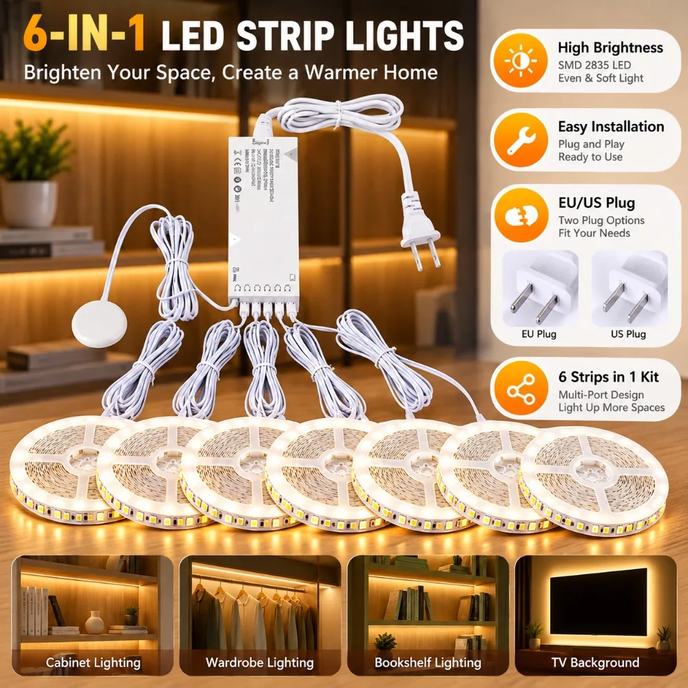 1-6Pcs Sync Control Touch Sensor SMD LED Strip 120LED/M for Walnut Acoustic Wall Panel Under Cabinet Display Case Decor Lighting