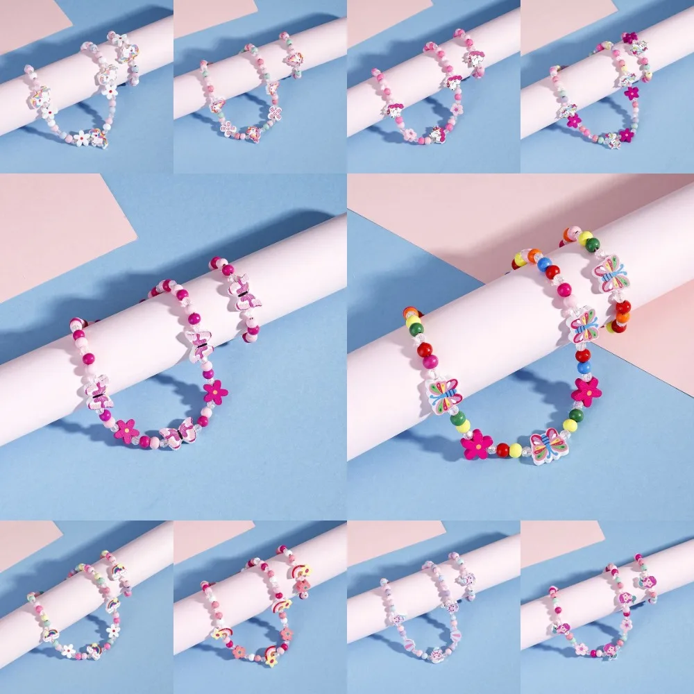 2Pcs/set Cartoon Colorful Wooden Unicorn Flower Animal Child Necklace Bracelet Girl's Gifts Children's Jewelry Kids Toys Colored