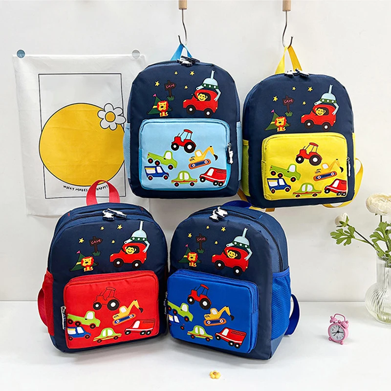 Kids Cute Kindergarten Cars Backpack Girls Boys Cartoon Car Pattern Book Bag Toddler Children 2 Color Block Nylon Backpacks