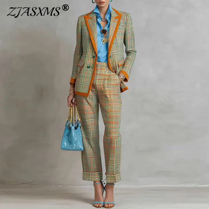 Plaid Checkered Matching 2 Piece Suit Women Contrast Lapel Cuffed Blazer & Straight Pants Set New Business Casual Vintage Outfit