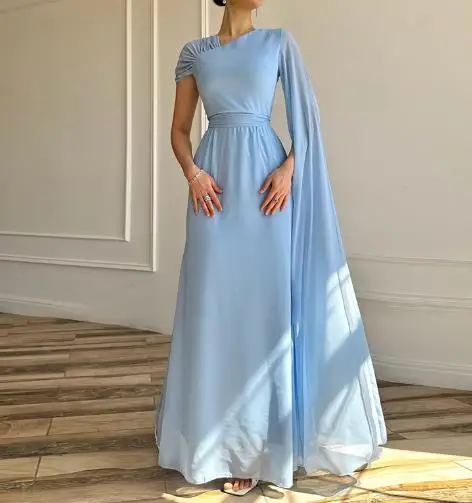 Verão cor sólida pescoço inclinado design de capa de ombro único com cintura cinched vestido evasê, vestido elegante e fino