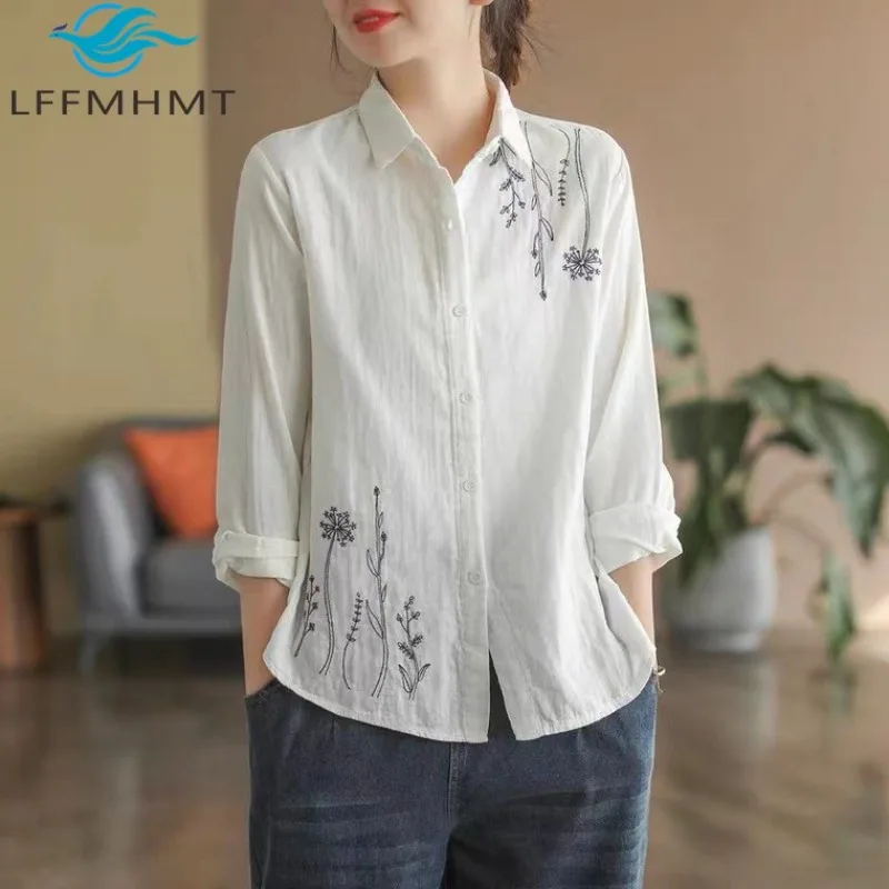 Spring Autumn Fashion Chinese Vintage Style Floral Embroidery White Shirt Double Yarn Cotton Comfortable Soft Long Sleeve Blouse