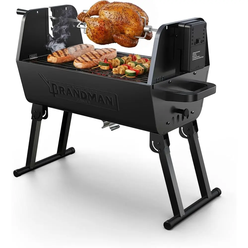 

Portable Motorized Rotisserie BBQ Grill - 257 sq in Charcoal, Foldable for Outdoor & Camping, Adjustable Height, Dual Vents