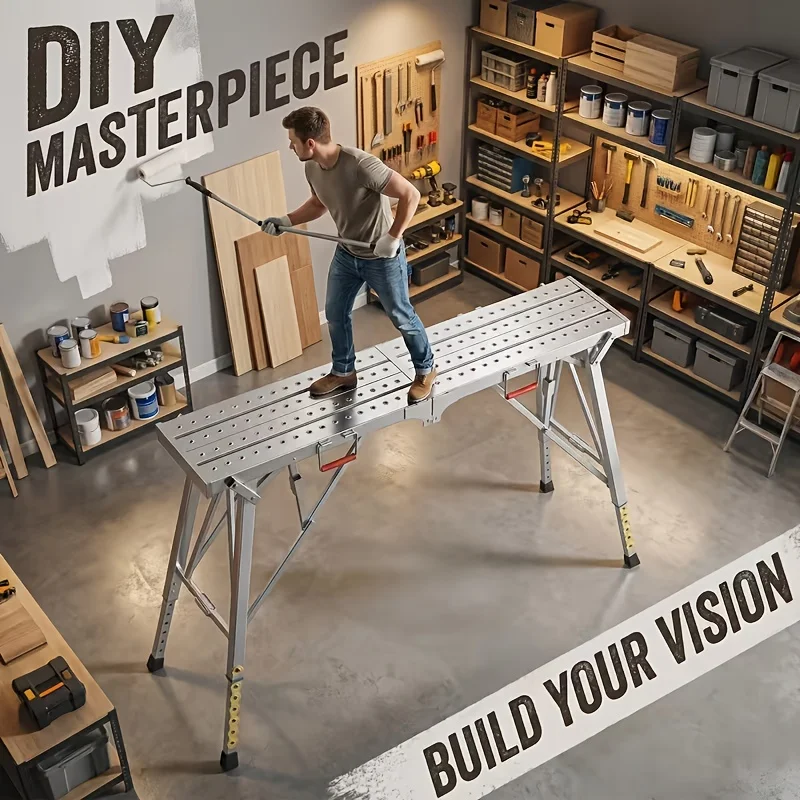 Portable Foldable Workbench With Adjustable Height & Wide Base - Heavy-Duty Foldable, Railing Suitable For Home Renovation, , RV Cleaning, Window Washing - Ideal For/Outdoor Use With Free Gifts (Workbench)