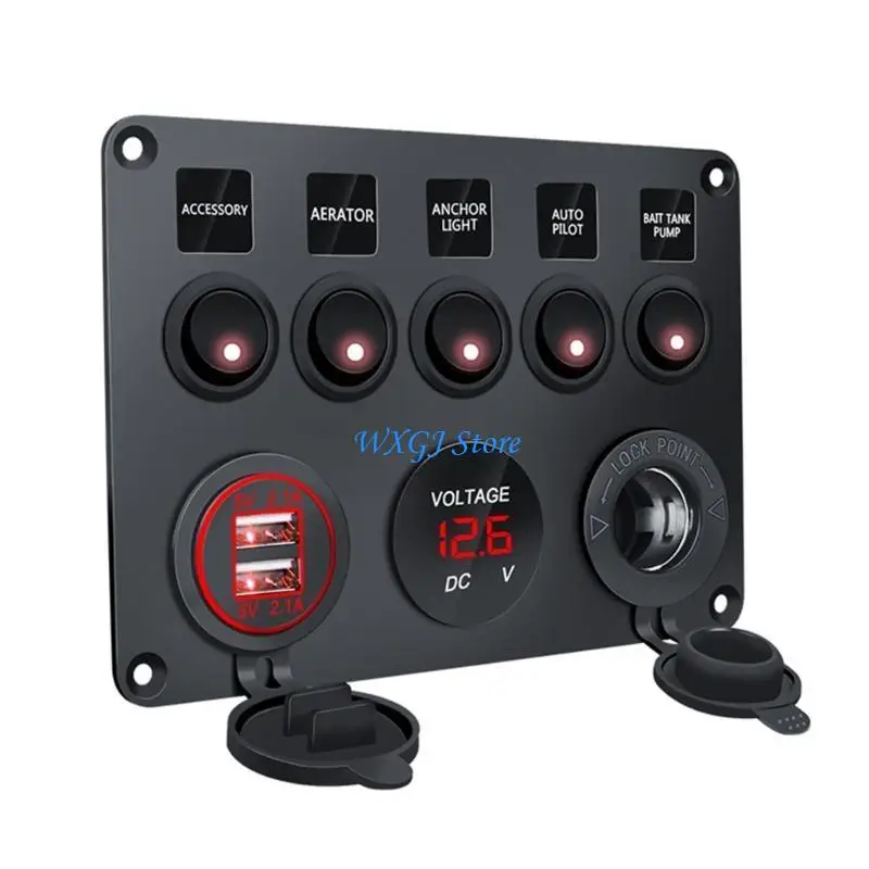 

37JE 5 Rockers Switch Panel Digital Voltmeter Twin USB Port 12V Outlet Combination