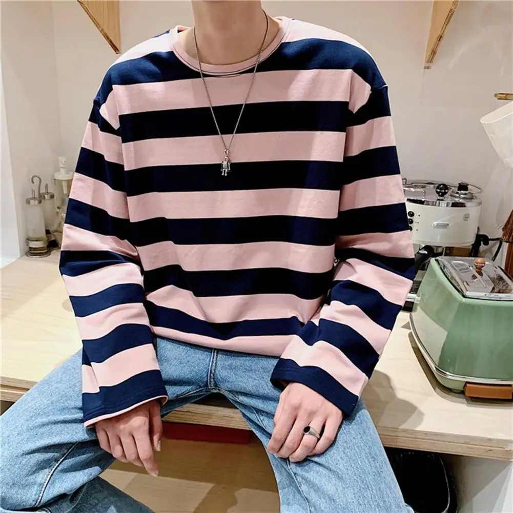 Striped Long Sleeve T-Shirt Men\'s Korean Style Contrast Striped Crewneck Top Loose Casual Sweatshirt Youth Fashion Accessories