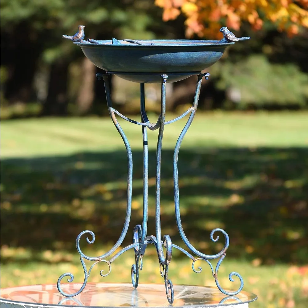 Metal Birdbath with 2 Cast Iron Birds and Leaf Decoration, Frosted Blue, Deep Well Design