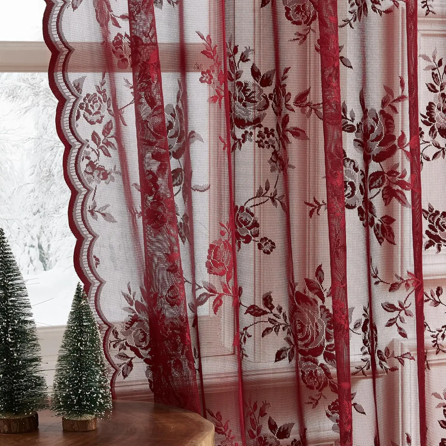 1 قطعة ستائر الدانتيل بورجوندي 45 بوصة طول خمر الأزهار شير ستائر الباب مقهى قضيب مصباح جيب تصفية النبيذ الدانتيل نافذة