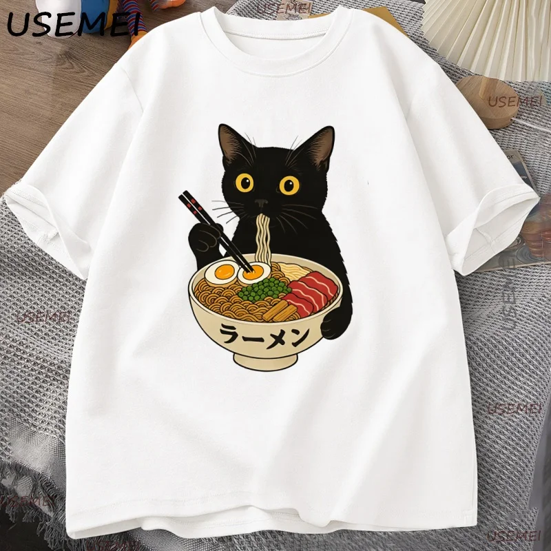 

Ramen Noodle Black Cat T Shirt Foodie Lover Meme Top Cool T Shirt Casual Short Sleeve Round Neck Tshirt Streetwear Clothes