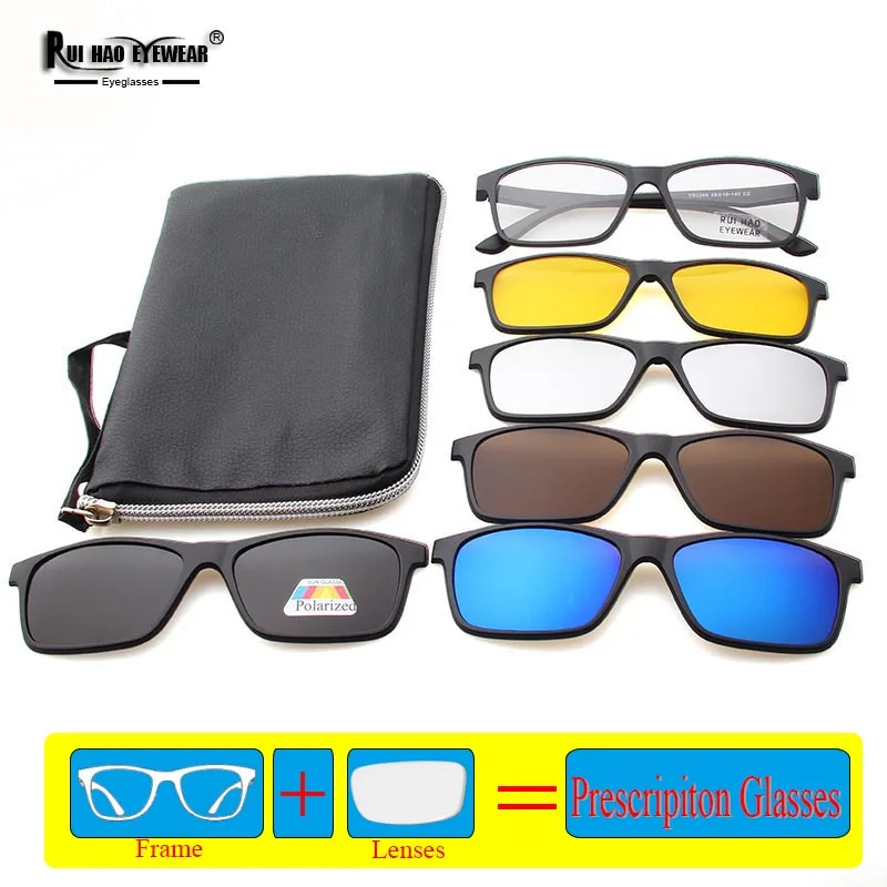Unisex Rectangle Prescription Eyeglasses Frame Customizable Spectacles with 5 PC Clip-on Sunglasses TR2266