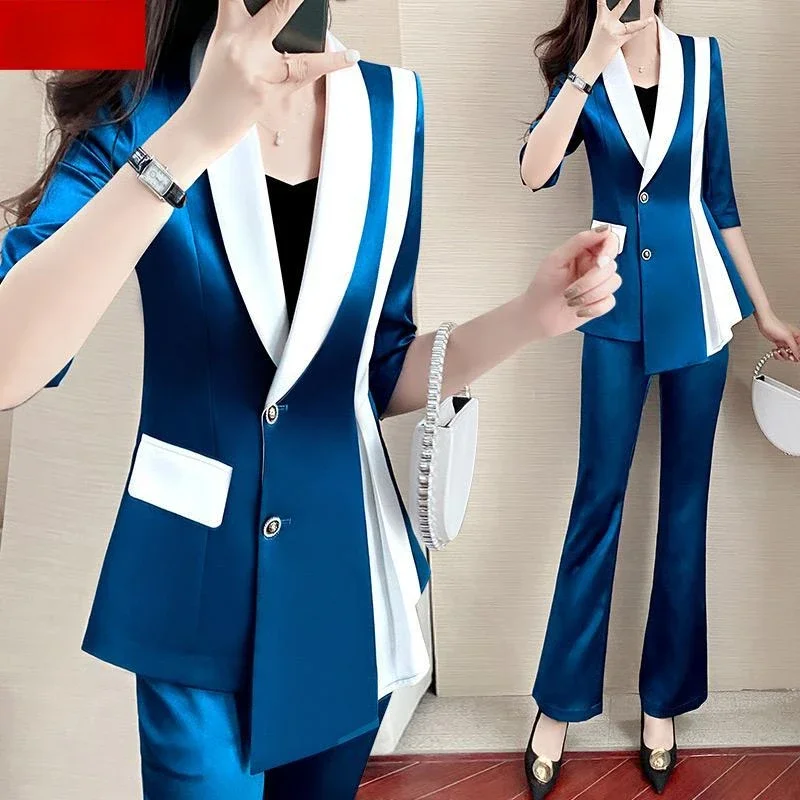 Women's Small Suit Jacket Business Suit Sapphire Blue Temperament Stitching Contrast Color Irregular Suit Top