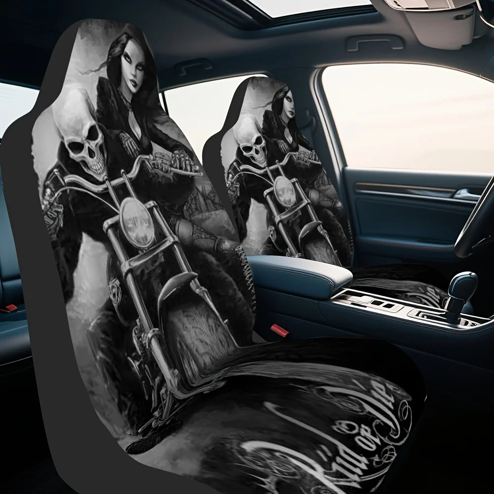 

2pcs Skull Motorcycle Rider Pattern Decorative Auto Seat Covers - Universal Fit For Cars, Pickups, SUVs & Trucks, Stylish & Eleg