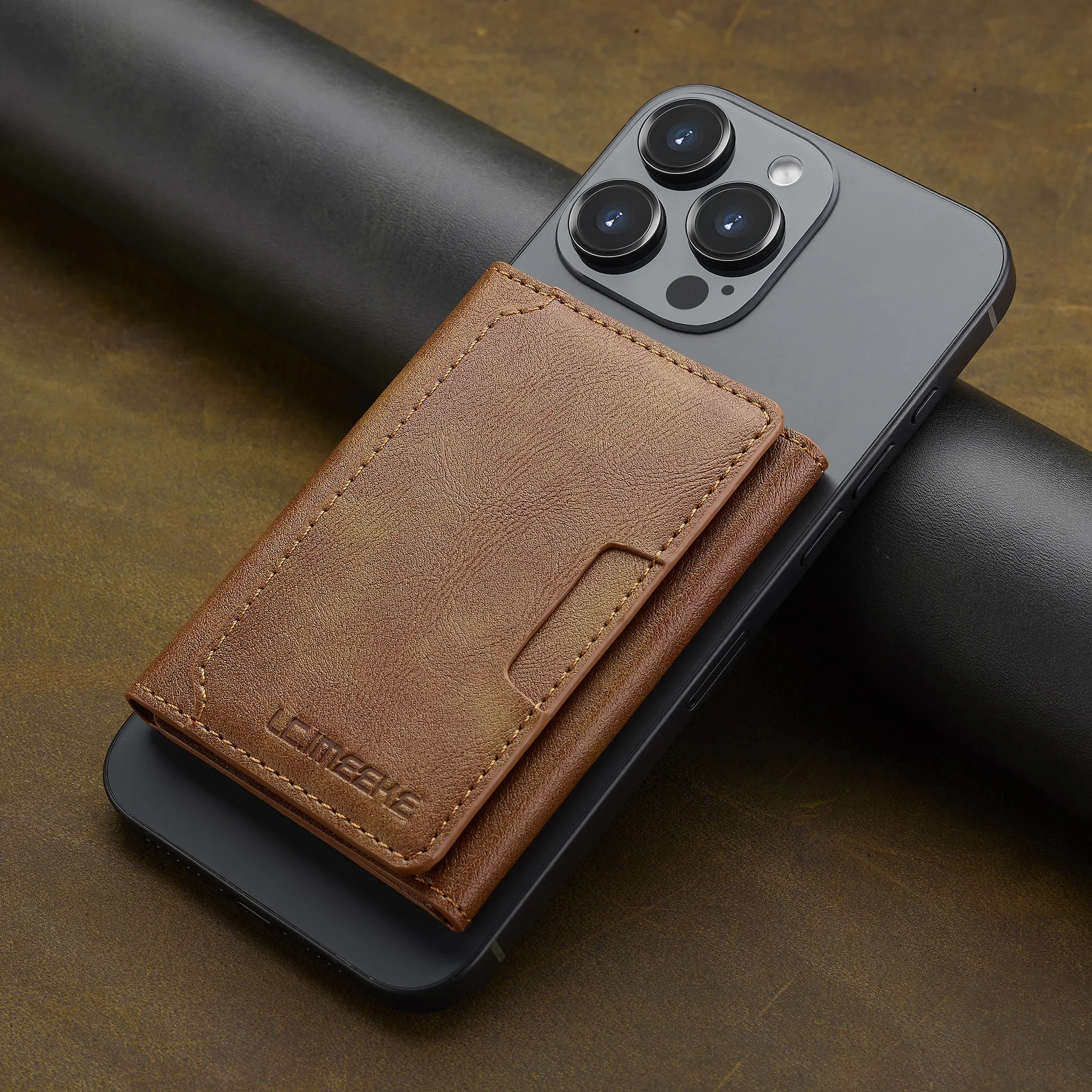 กระเป๋าใส่บัตรแม่เหล็กสำหรับ iPhone Samsung Google Xiaomi รองรับฟังก์ชั่น Magsafe กระเป๋าใส่บัตรหนัง PU สำหรับผู้ชาย กระเป๋าสตางค์บางเฉียบ