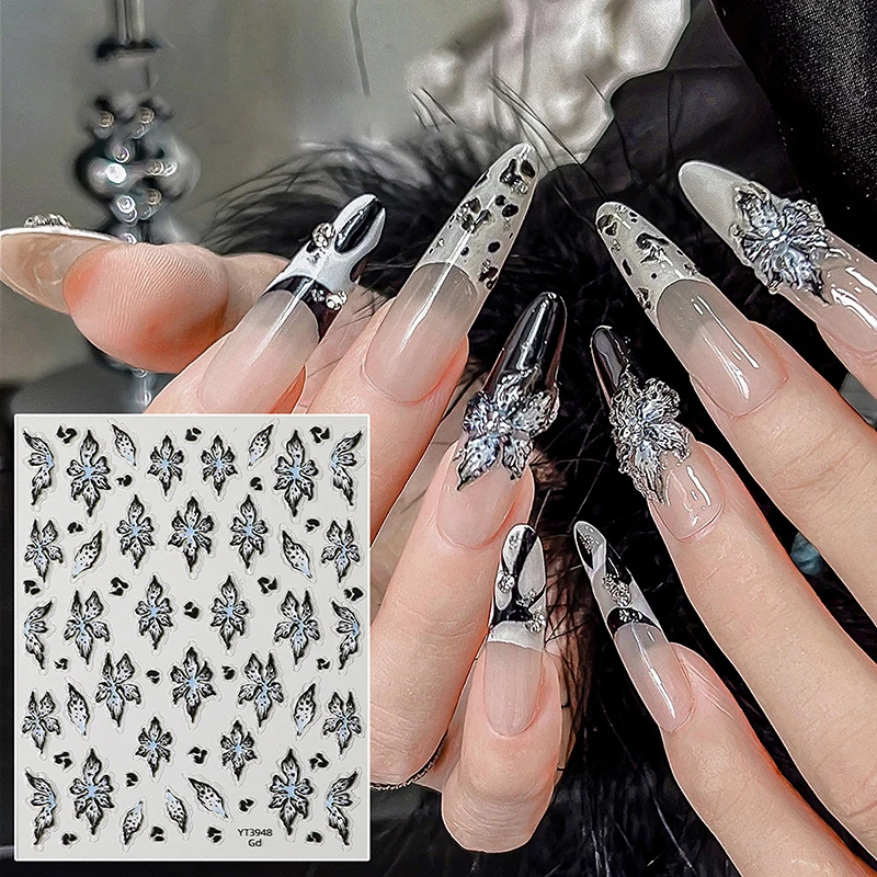 Black Lily Flower Nail Sticker Relief 3D Jelly Five Petal Flower Nail Art Decoration Decals Diy Nail Art Jelly Sticker