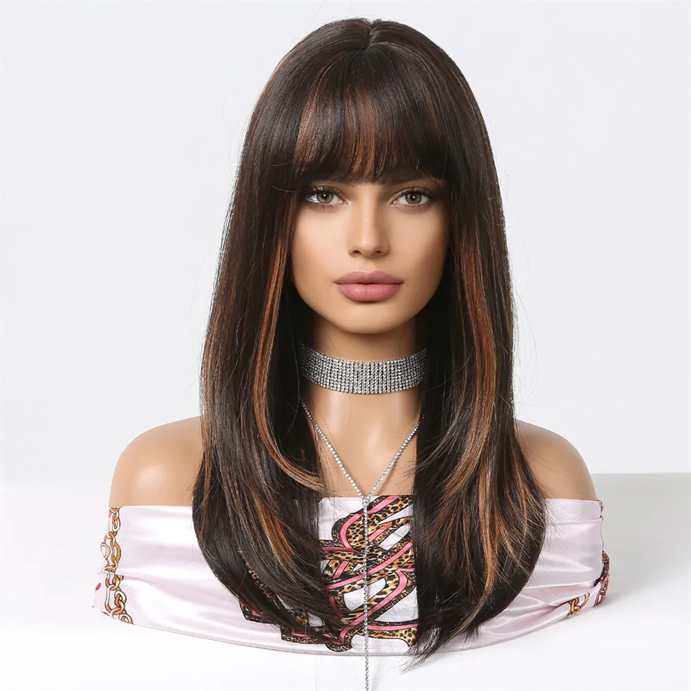 

Brown Black Highlight Golden Synthetic Bangs Medium Length Straight Layered Wig