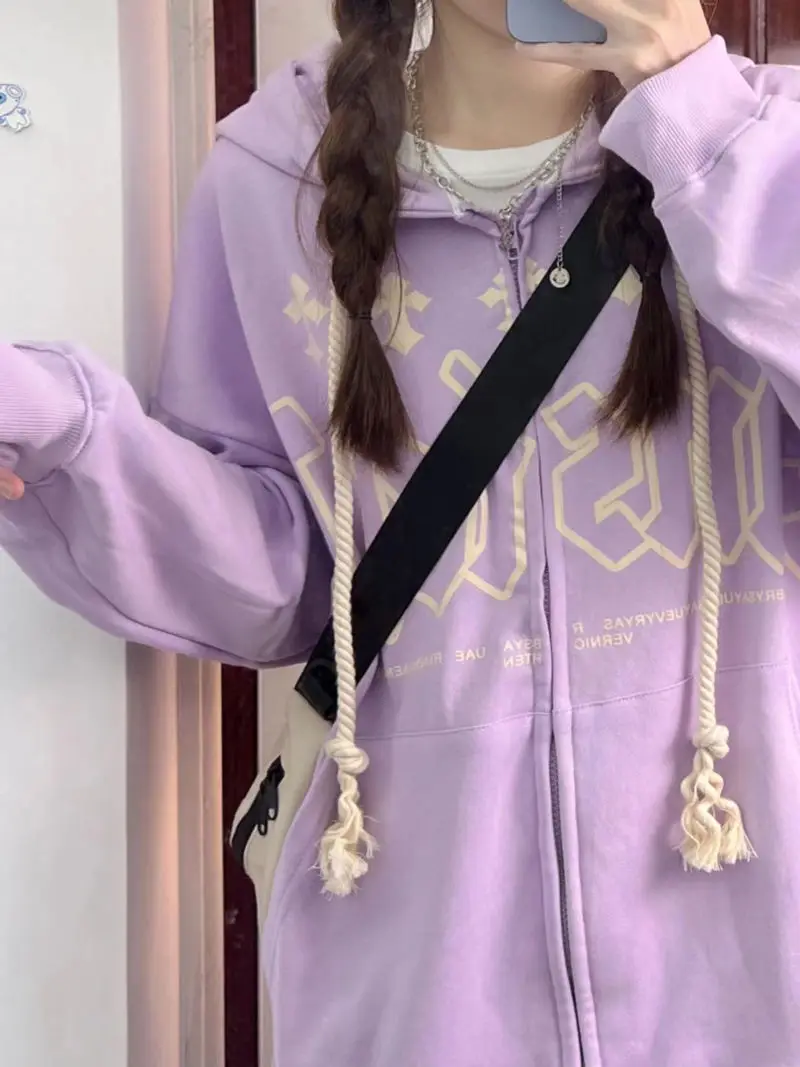 

Purple vibe the tide female fleece oversize niche high street popular logo ins little thin paragraph cardigan coat y2k clothes