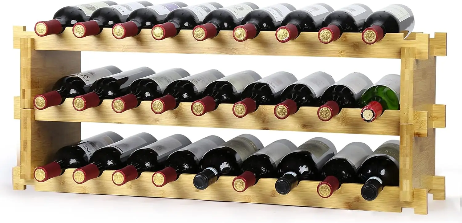 Wine Rack 27-Bottle 3-Tier Natural Bamboo Display Wine Storage Shelves Stackable Wine Bottle Holder