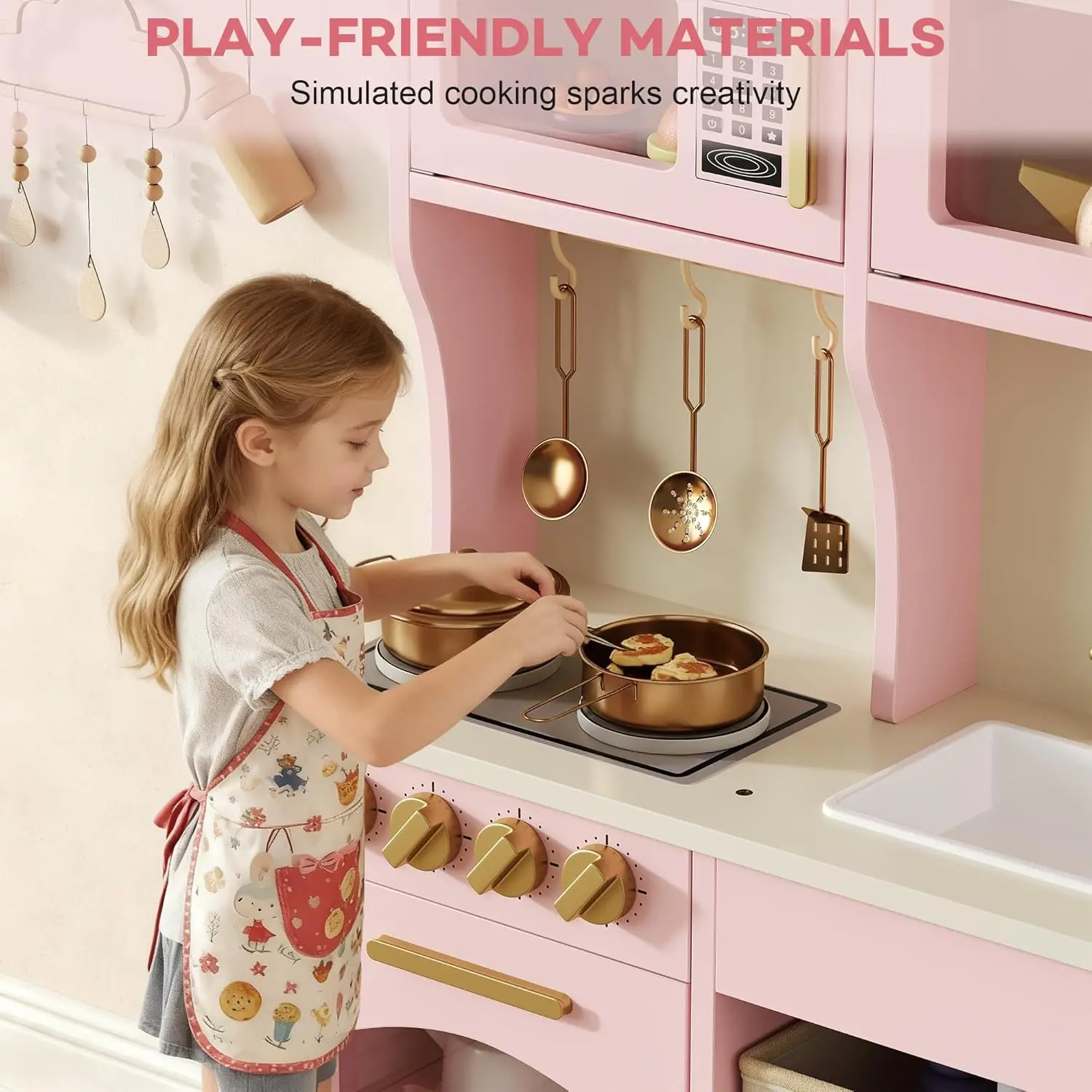 Pink Wooden Toddler Kitchen Playset – Pretend Stove & Oven with Smart Storage and Accessories, Ideal Gift for Ages 3+ image 5