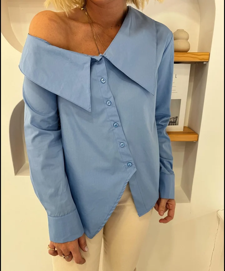 Camicia primavera/estate delle donne del pendolare di colore solido della parte superiore della manica lunga del bottone del colletto della padella Casual alla moda