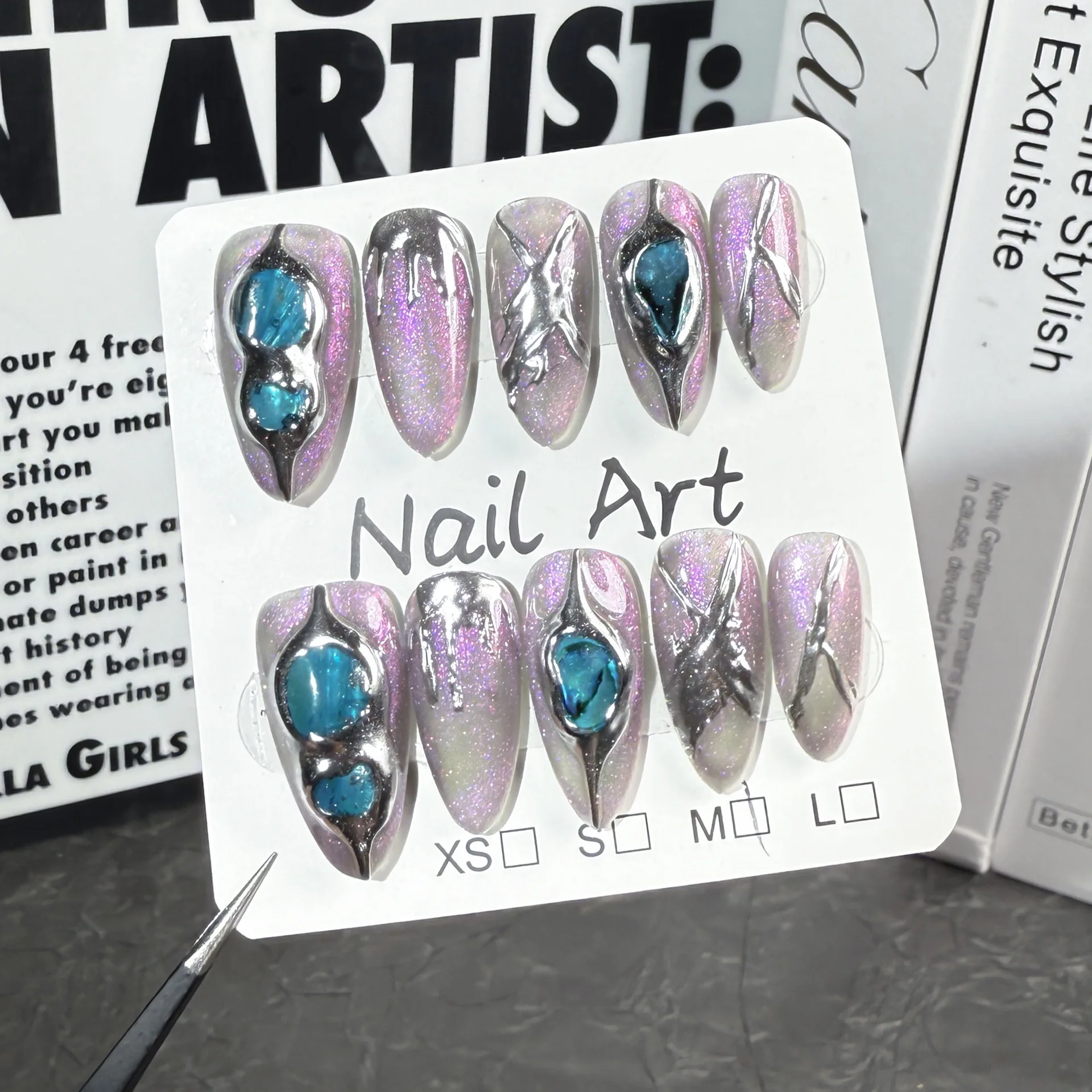 10 pièces faux ongles baroques Flash Aurora amande presse à la main sur les ongles métal lourd artificiel bricolage manucure portable faux ongles conseils