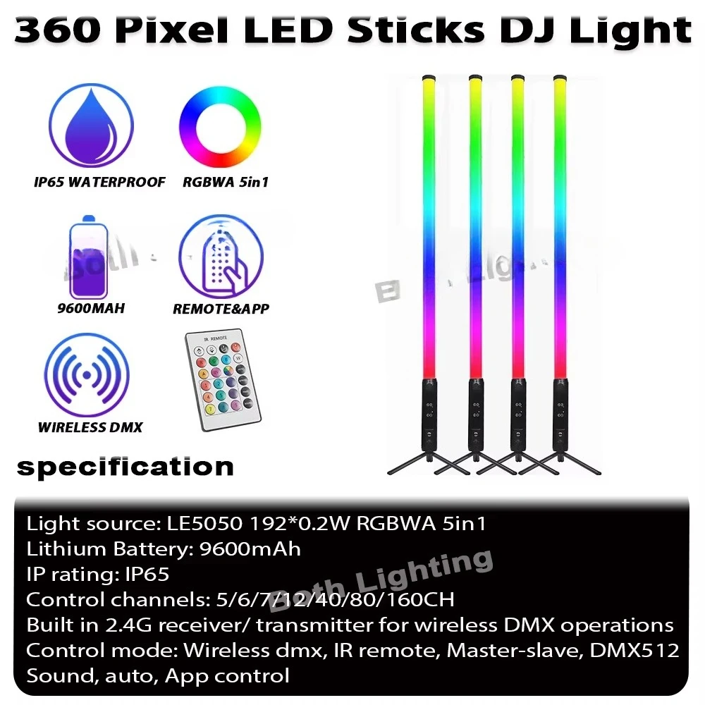 Double lamp 360LED tube 4-piece, with bag, white waterproof IP65 pixel lamp, wireless, suitable for stage, wedding, DJ event
