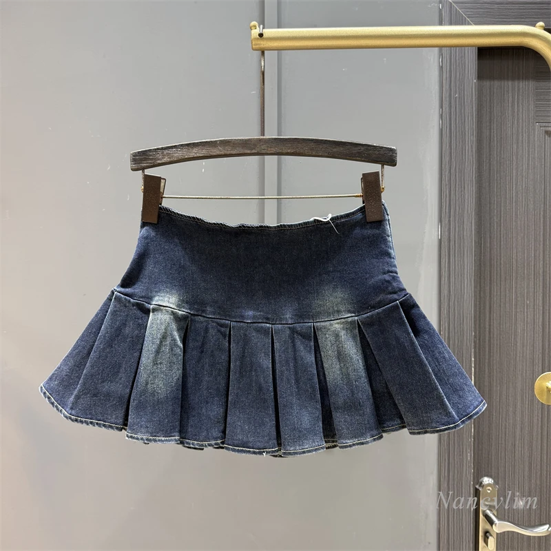 Retro Design Pleated Short Skirt Women's 2025 Summer European and American Style High Waist Spice Girl Slimming Blue Denim Skirt