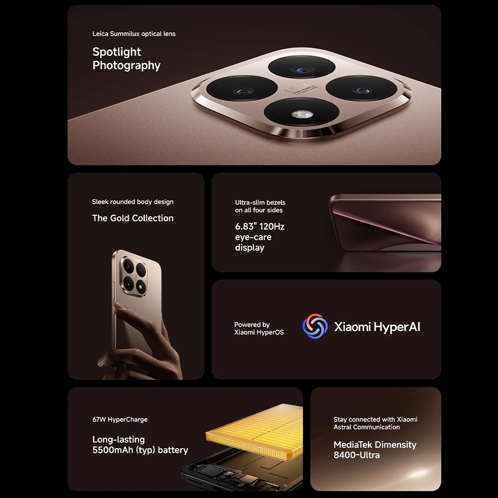 Versión global Xiaomi 15T Holofote Fotografía 6.83″ 67W HyperCharge 5500mAh 120Hz Pantalla MediaTek Dimensity 8400-Ultra Leica Summilux lente óptica Light Fusion 800 Extraordinaria HDR10+ de alta densidad a través de colores vivos y contraste rico 3