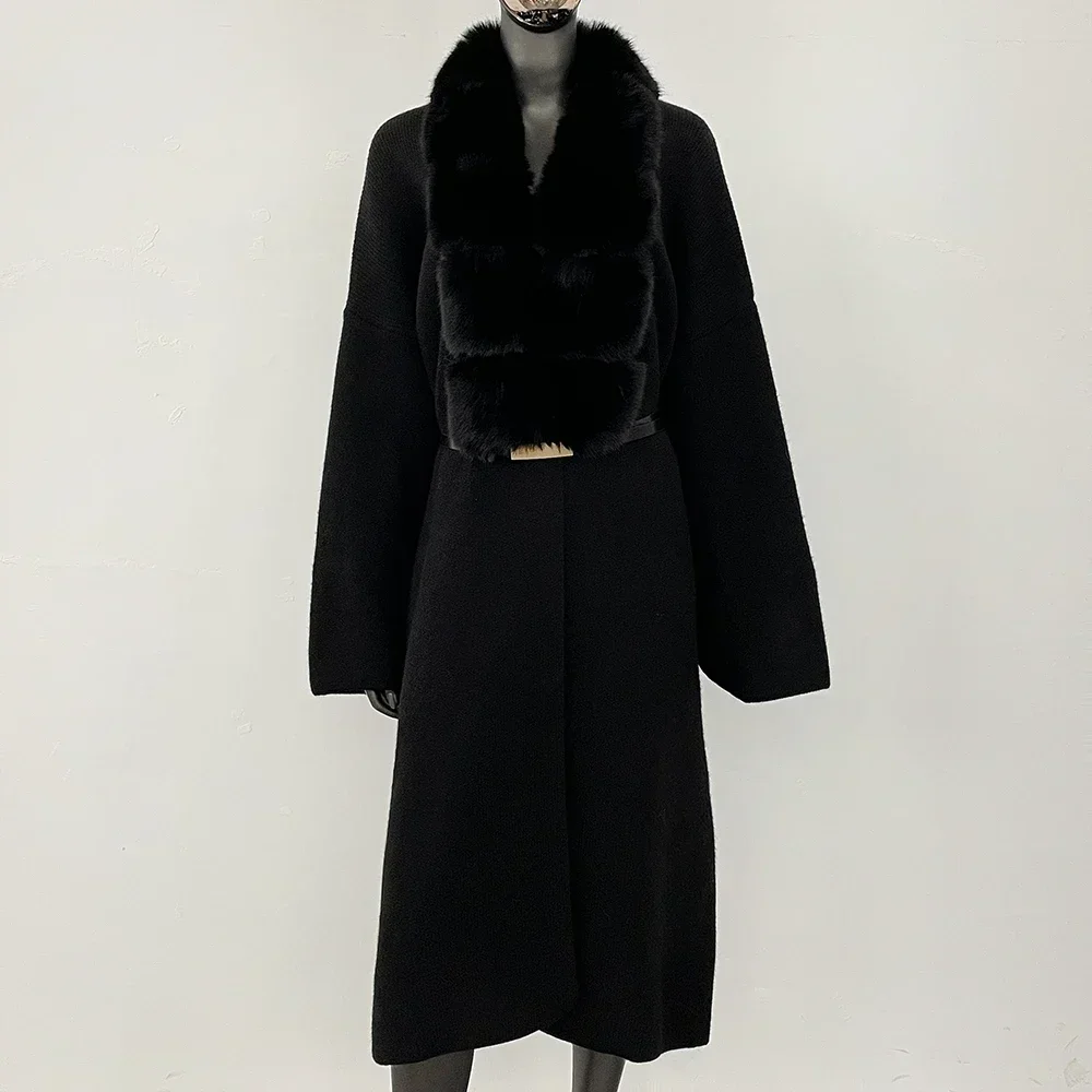 

Female Loose Faux Fox Fur Collar Fur Coat Autumn Knitwear Long Cardigan Women Belt Fur Knitted Coat New Spring Oversize Sweater