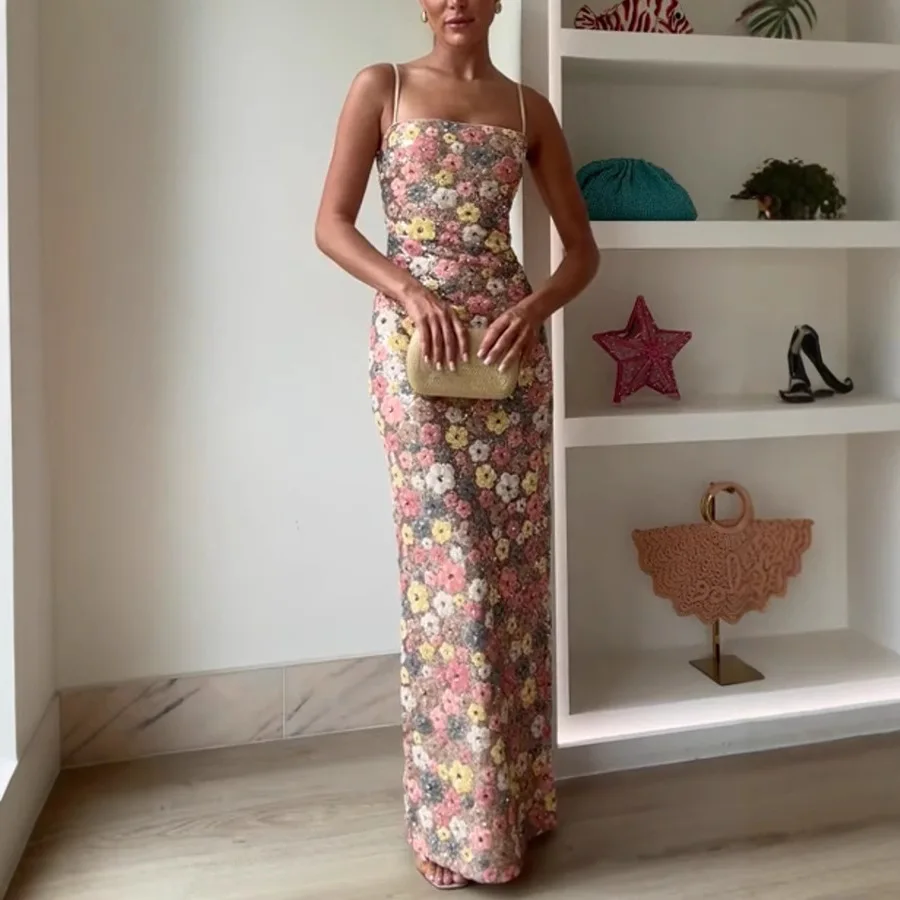 فستان Summ للسيدات مزين بالترتر والزهور فستان طويل للحفلات بدون حمالات، فستان ماكسي أنيق مثير بدون أكمام للسيدات