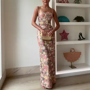 Summ 女士花朵亮片拼接修身派對長裙無肩帶時尚連身裙,性感無袖女士連身裙 8 最佳銷售 夏日派對禮服 - №3