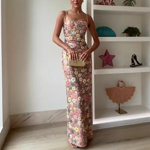 Summ mujeres flores retales de lentejuelas vestido largo de fiesta delgado vestido largo de moda sin tirantes, vestido Sexy sin mangas para mujer Vestidos