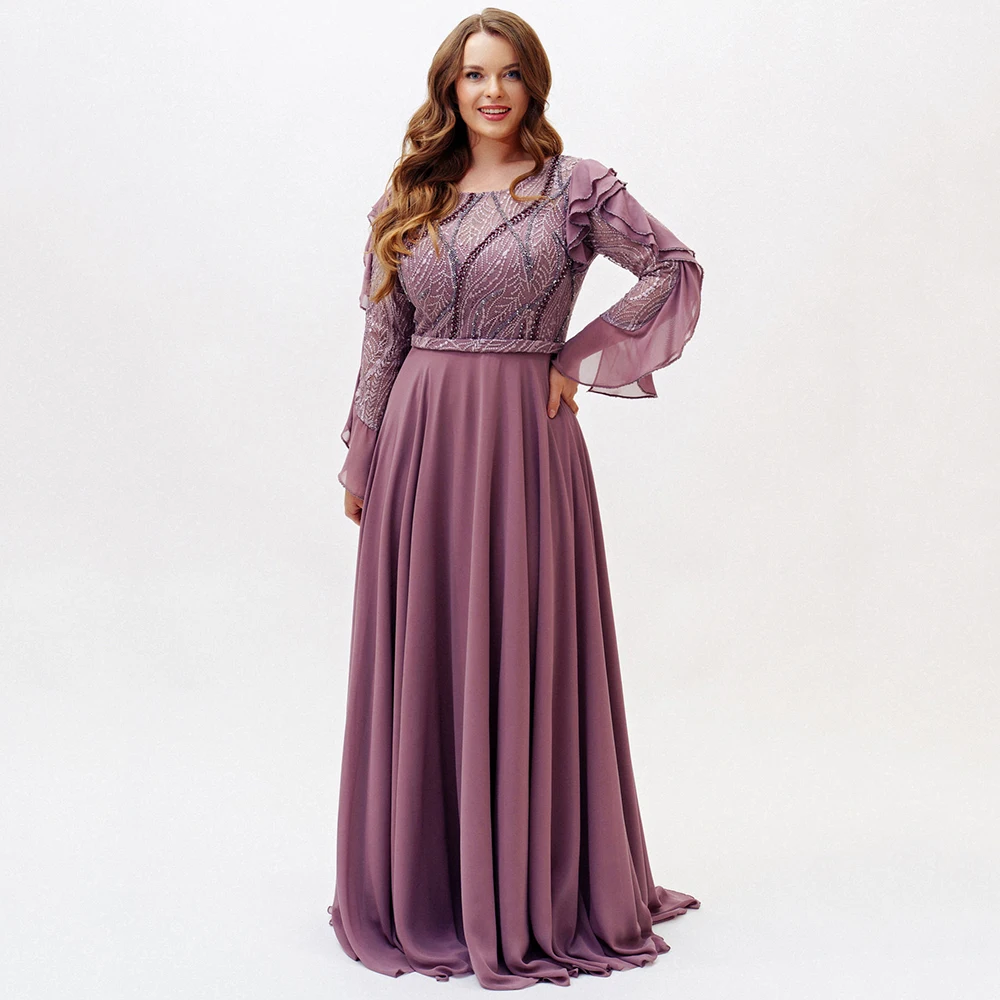 

Elegant Purple Lace Evening Dresses Chiffon Beads Macrame Long Sleeves O Neck A-line Formal Prom Party Gowns Plus Zise 2022