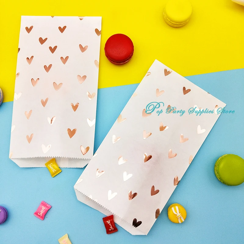 25pcs/bag Paper Bag Rose Gold Candy Gift Foil Heart Sticker Wedding Bridal Baby Shower Wedding Birthday Anniversary Favor Bag