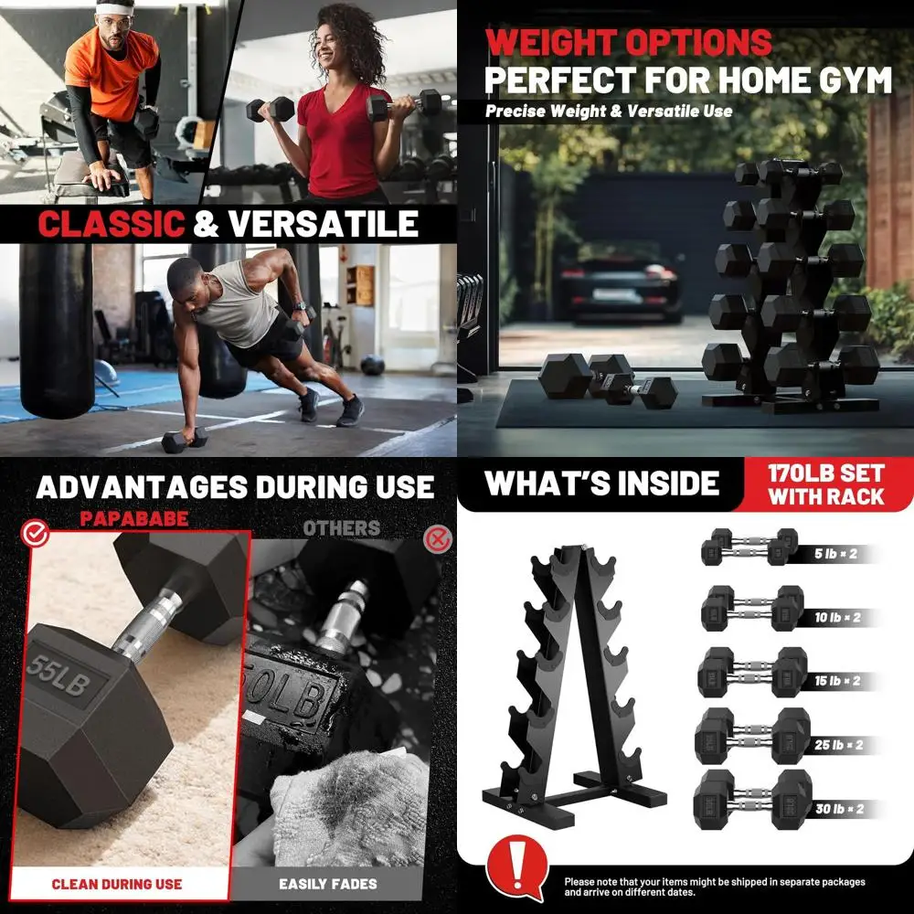 

Набор шестигранных гантелей с резиновым покрытием и стойкой, варианты 60–550 фунтов для силовых тренировок и гирьков для рук