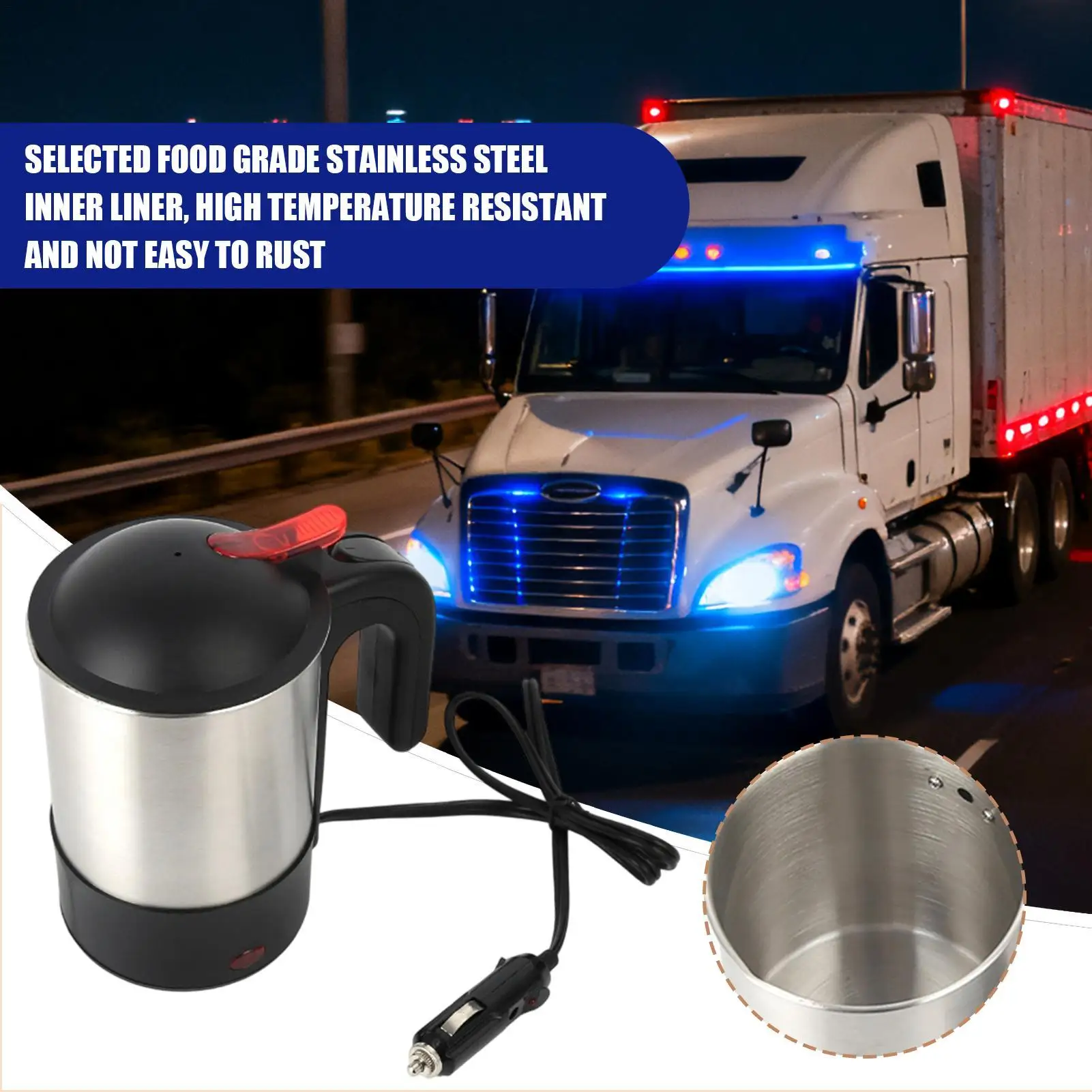 Stainless Steel Water Kettle Auto Shut off Equipment Car Heating Water Boiler for Commuting Travel Road Trips Family Tea Brewing