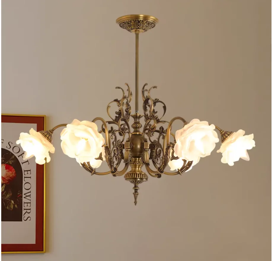 

European Antique Copper Chandelier High Quality Glass Decora Chandelier D78cm H65cm 6Lights De Home Lighting Brass Hanging Lamps