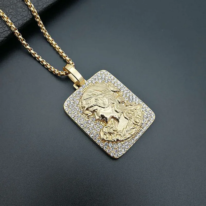 Hip Hop Bling Iced Out Stainless Steel Beautiful Woman The Queen Victoria Square Pendants Necklaces for Men Rapper Jewelry