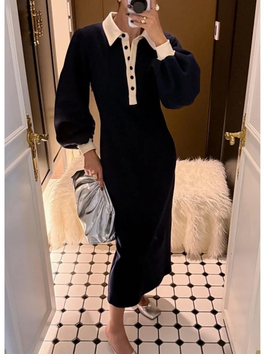 Retro Color Block  Neck Sweatshirt Dress Women's Autumn Winter New Design Waist Cinching Slimming Long Skirt Dress