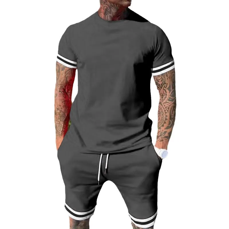 Conjunto de 2 piezas de verano para hombre, camiseta de manga corta con ribete a rayas y pantalones cortos con cordón