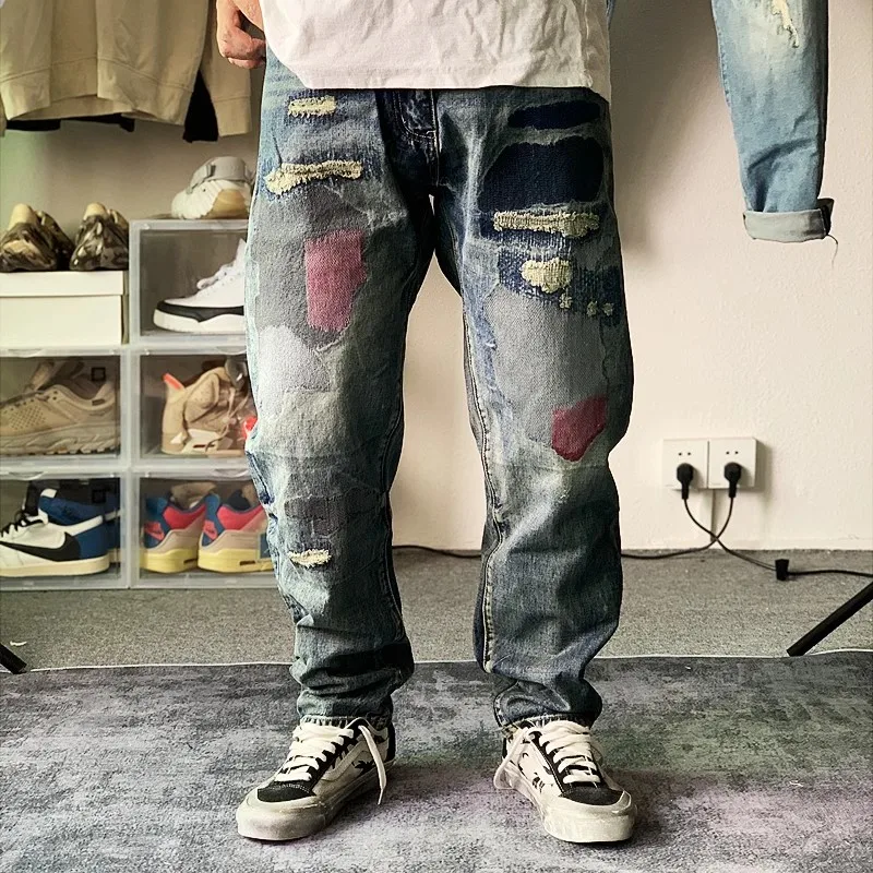 

2023 NEIGHBORHOOD NBHD tattered splattered paint distressed washed straight DENIM jeans KZ955