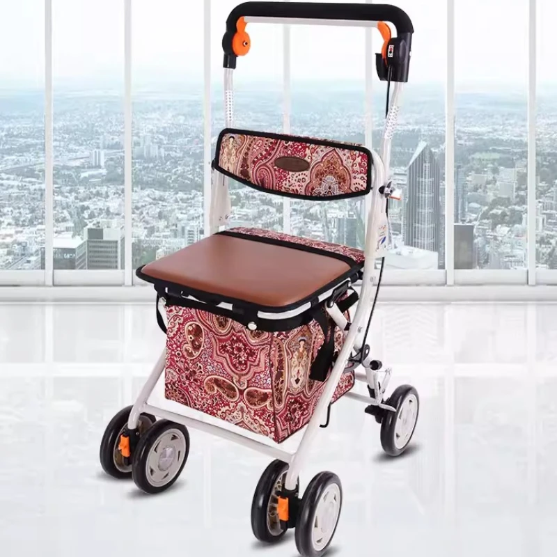 Foldable Elderly People Rollator Walker with Seat Lightweight Shopping Cart Portable Grocery Trolley Sturdy Mobility Aid Walkers