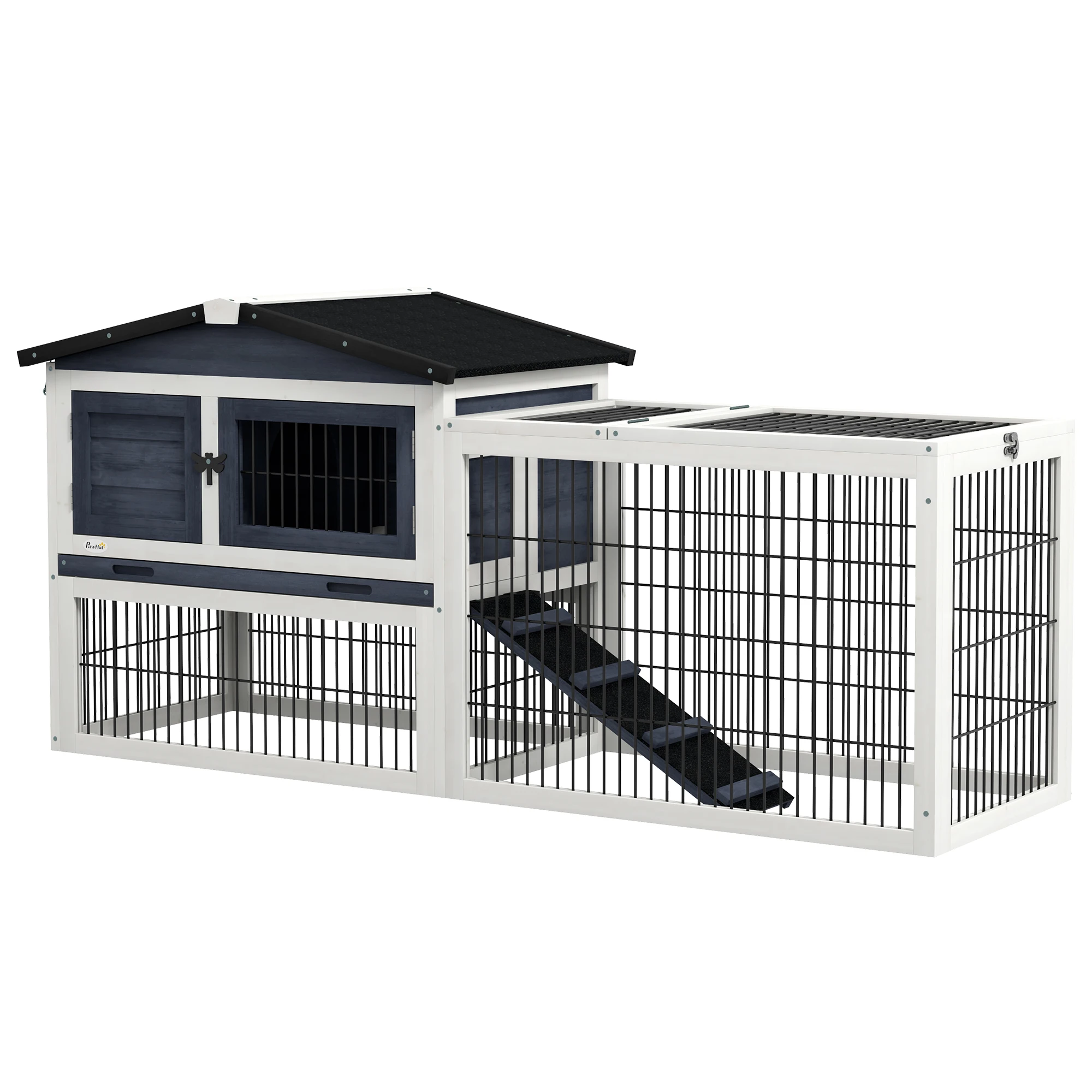 

2 Levels Outdoor Rabbit Hutch with Openable Top, 59" Wooden Large Rabbit Cage with Run Weatherproof Roof, Removable Tray