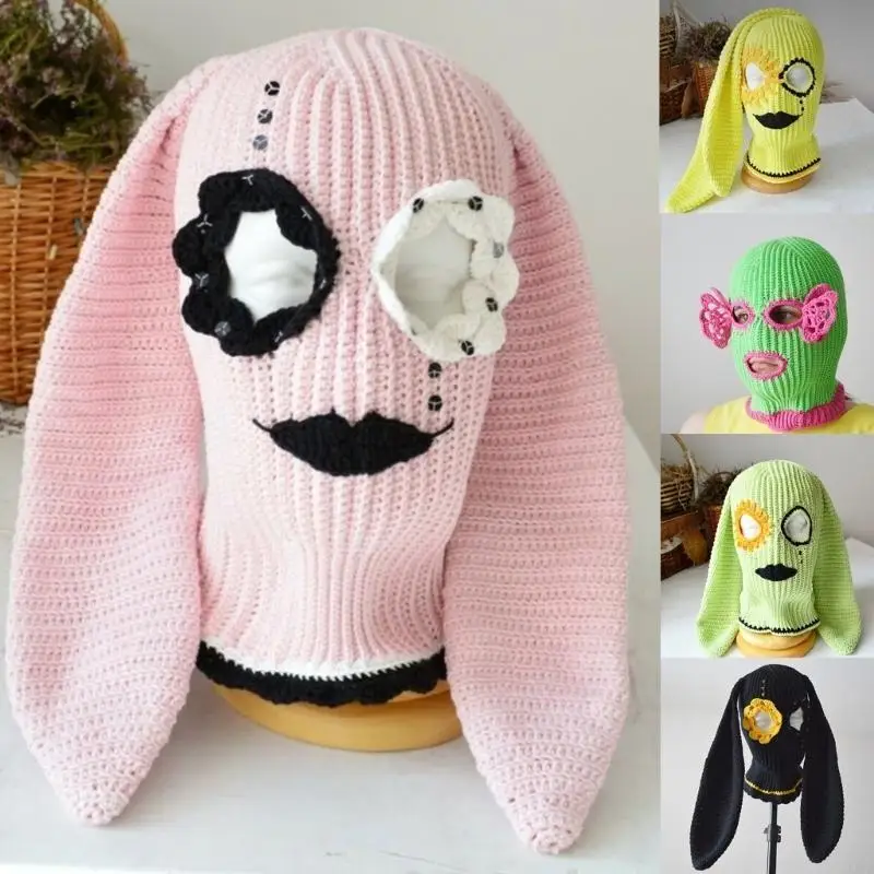

L5YA Fun Bunny Ear Balaclava Hat for Autumn Winter Knitted Hat Photography Props