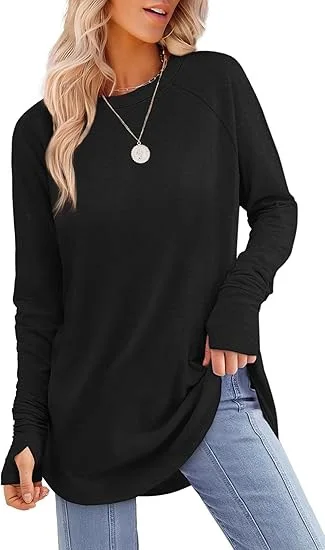 Women's Round Neck Solid Color Refers to Long Sleeved Top Loose Mid Length Base Shirt