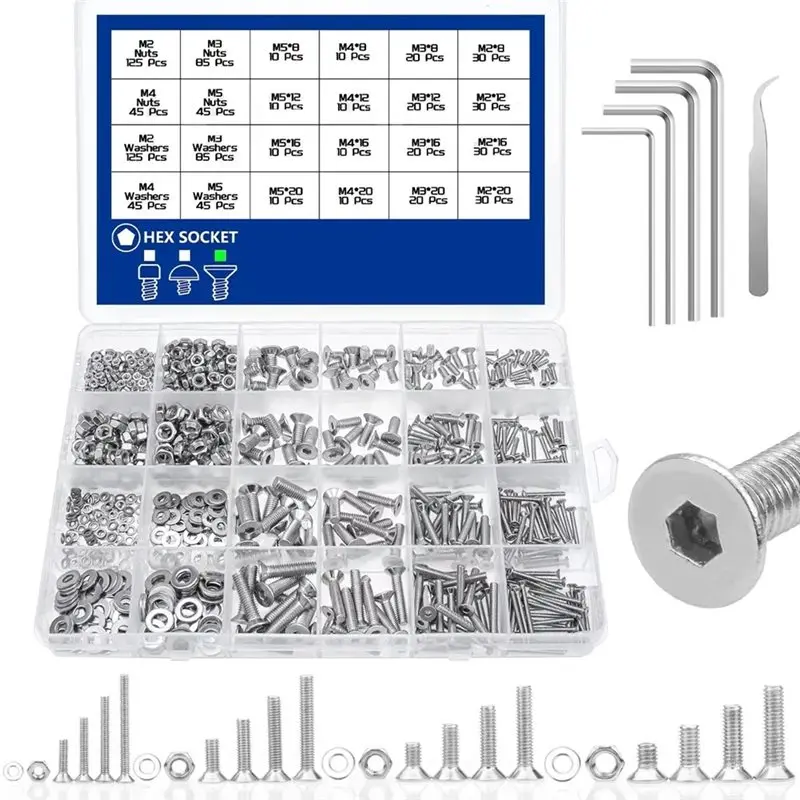 ABJI-M2 M3 M5 880Pcs Stainless Steel 304 Hex Socket Flat Head Screws Assortment Kit Countersunk Bolts Set With Storage Box